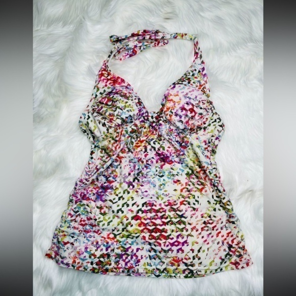 Athleta Tankini Halter Top Multicolored Geometric Orange Pink White Green Small
